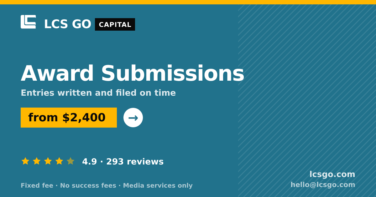 Award Submissions — from $2,400, rated 4.9/5 across 293 reviews. LCS GO.