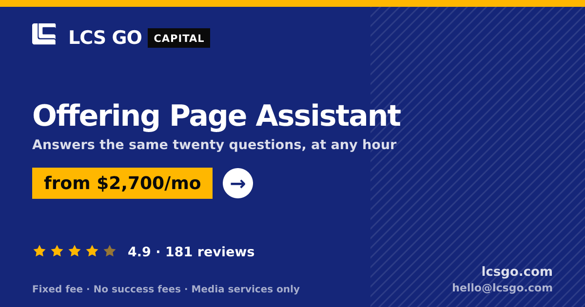 Offering Page Assistant — from $2,700/mo, rated 4.9/5 across 181 reviews. LCS GO.