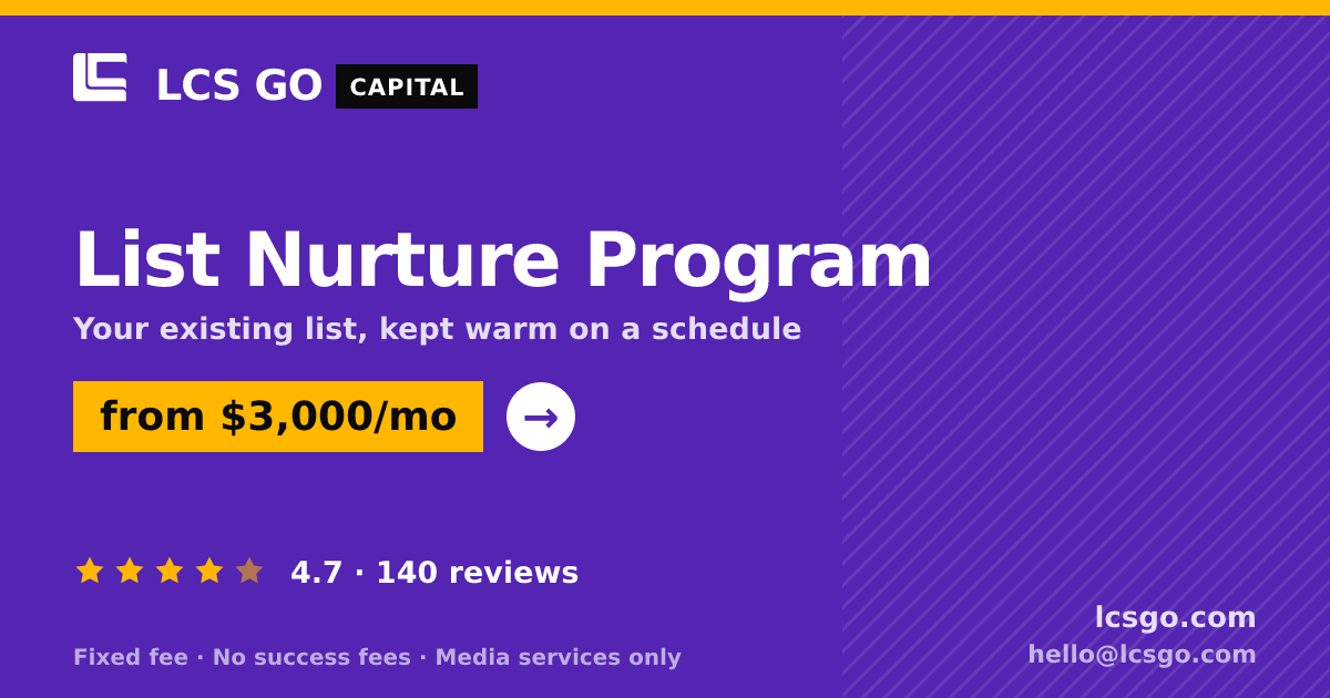 List Nurture Program — from $3,000/mo, rated 4.7/5 across 140 reviews. LCS GO.