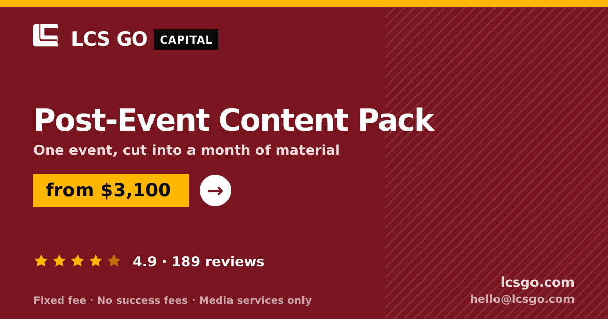 Post-Event Content Pack — from $3,100, rated 4.9/5 across 189 reviews. LCS GO.