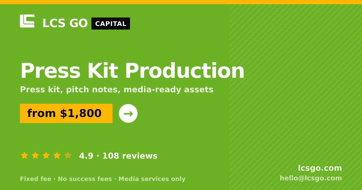 Press Kit Production — from $1,800, rated 4.9/5 across 108 reviews. LCS GO.