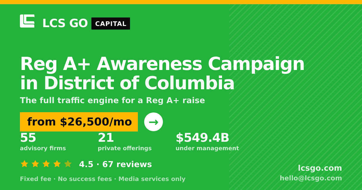 Reg A+ Awareness Campaign in District of Columbia — from $26,500/mo, rated 4.5/5 across 67 reviews. LCS GO.