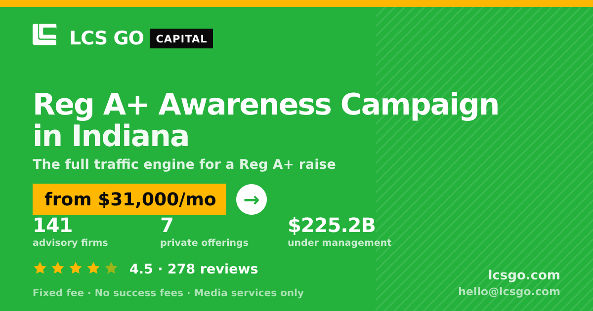 Reg A+ Awareness Campaign in Indiana — from $31,000/mo, rated 4.5/5 across 278 reviews. LCS GO.